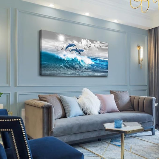 Wapluam Wall Decor For Living Room Large Canvas Wall Art For Bedroom Blue Wave Of The Sea Pictures Artwork Modern Office Canvas Print Dolphins Wall Paintings Ready To Hang Stretched and Framed
