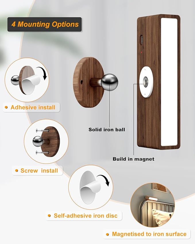 DetarZinLED Battery Operated Wall Sconces Set of 2,Rechargeable Wall Lights Wood,Stick On Wall Lights for Bedroom,Wall Mounted Bedside Reading Lamps Dimmable,Battery Powered Wall Lamp for Bedroom