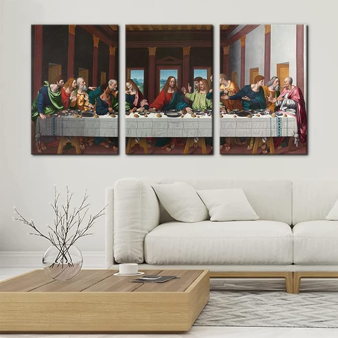 The Last Supper Painting Prints on Canvas Last Supper Wall Art Decor for Living Room Modern 3 Panels Jesus Pictures Posters Giclee Gallery Wrap Artwork Stretched Framed Ready to Hang - 16" x 24" x 3