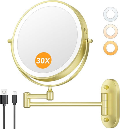 Auxmir 1X/30X Wall Mounted Makeup Mirror with Light, 8" Rechargeable Double-Sided Magnifying Mirror, Vanity Mirror Dimmable 3 Color Light, 360° Extension Rotation Foldable 14.5 Inch Arm, Gold