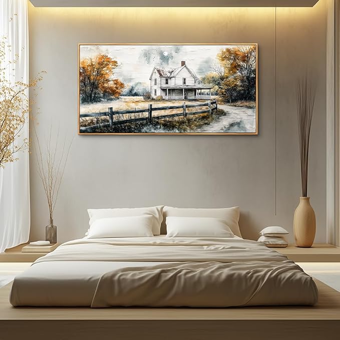 QIYILEXWART Wood Framed Canvas Wall Art For Living Room Large Wall Decor For Office Bedroom Decoration Farmhouse Watercolour Pictures White Hut Painting Artworks Room Ready To Hang