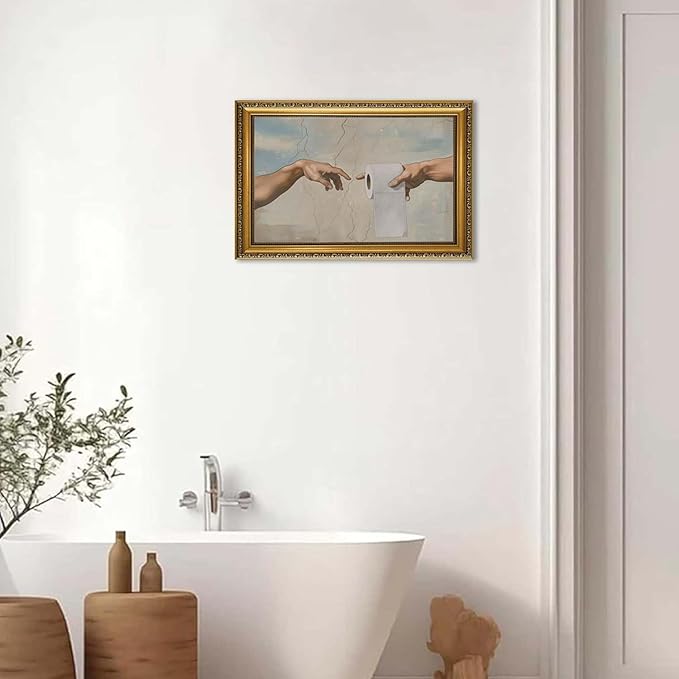 YD&YZY Gold Framed Vintage Funny Humor Bathroom Wall Art God Gives Toilet Paper Wall Decor Unique Art Painting Picture Print Whimsical Bathroom Restroom 16x24 inch Framed