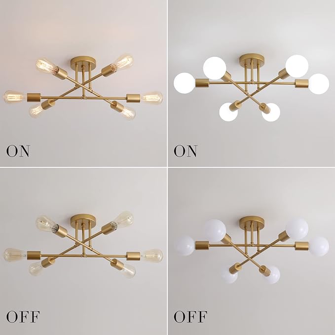 MEIXISUE Gold Modern Sputnik Chandelier Ceiling Light Fixtures,6-Lights Industrial Metal Semi Flush Mount Ceiling Light for Bedroom Dining Room Living Room Kitchen Hallway UL Listed