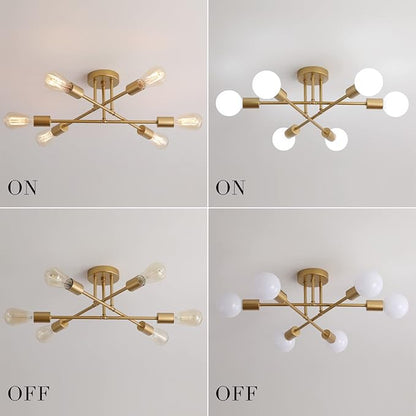 MEIXISUE Gold Modern Sputnik Chandelier Ceiling Light Fixtures,6-Lights Industrial Metal Semi Flush Mount Ceiling Light for Bedroom Dining Room Living Room Kitchen Hallway UL Listed