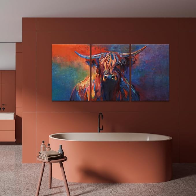 Cow Canvas Wall Art Abstract Highland Cow Painting 3 Panels Texas Longhorn Posters and Prints for Living Room Home Office Bar Toilet Bedroom Guest Room Decoration, Framed 60" L x 28" W