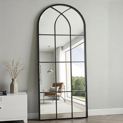 Prywot Full Body Mirror, 65"x22" Arched Window Pane Mirrors for Wall Decor, Black Full Body or Wall Mounted Mirrors, Farmhouse Standing Mirror Hanging or Leaning for Living Room, Entryway, No Stand