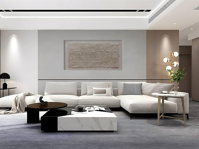 Slyart 100% Hand-Painted Beige and White Texture Abstract Wall Art Oil Painting 48x24 inch Contemporary Minimalist Art Home Wall Decoration Painting