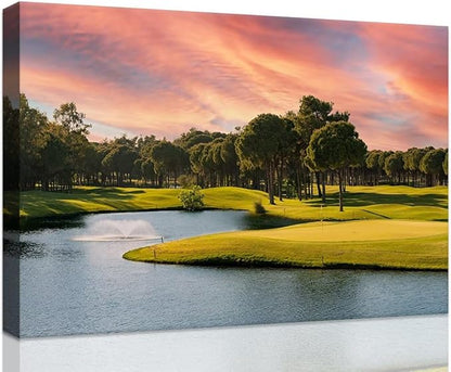 Sunset Golf Course Wall Art for Living Room Bedroom Bathroom Home Decorations Golf Course Picture Poster Print on Canvas Modern Artwork Framed Ready to Hang(18''H x 24''W)