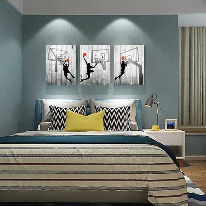 Black And White Canvas Wall Art For Living Room Bathroom And Bedroom Kitchen Wall Decor Artwork Canvas Prints Play Basketball Sport Painting 20" X 28"3 Piece Modern Framed Office Home Decorations