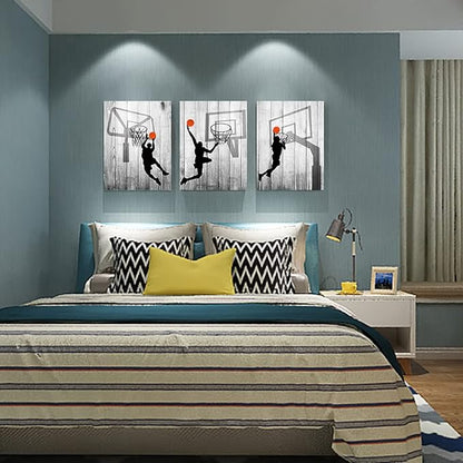Black And White Canvas Wall Art For Living Room Bathroom And Bedroom Kitchen Wall Decor Artwork Canvas Prints Play Basketball Sport Painting 20" X 28"3 Piece Modern Framed Office Home Decorations