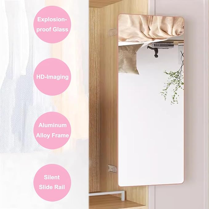 Generic Hideaway Closet Mirror, Retractable Full Length Mirror, 51"" x 16"" Wall Mounted Mirror, Suitable for Bedroom, Locker Room, Cloakroom - Rose Gold