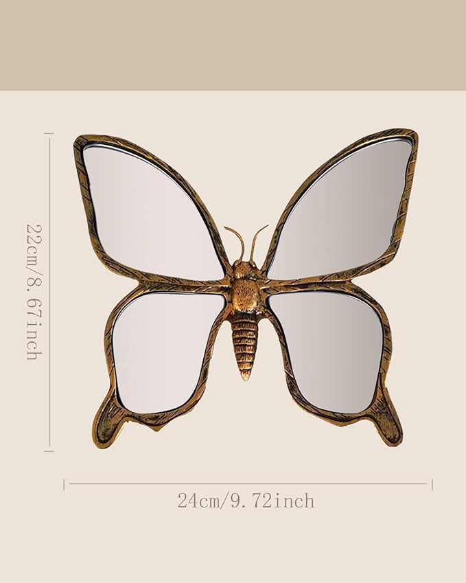 Dragonfly Wall Mirror Decor, Butterfly Art Wall Mirrors, Retro Gold Resin Decorative Wall Mirror, Creative Home Decoration for Living Room Bedroom (Butterfly)