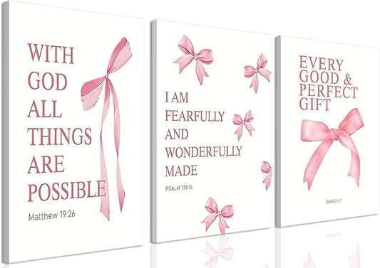 Coquette Pink Bow Canvas Wall Art Set of 3, Inspirational Bible Verses Decor Posters Pictures Prints Aesthetic for Girls Room College Apartment Living Room Bedroom Framed 12x16 Inch