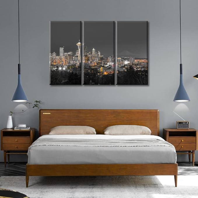 TUMOVO Seattle Downtown Skyline Canvas Paintings Wall Art 3 Panel City Skyscrapers Skyline Wall Decor for Living Room, Bedroom, Bathroom, Office. Framed Ready to Hang (36" Wx24 H)