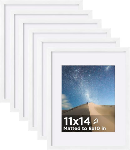 KINLINK 11x14 Picture Frame Set of 6, Wooden 14x11 Photo Frames with Plexiglass for 8x10 Picture with Mat or 11x14 Without Mat, Art Collage for Wall Gallery and Tabletop Display, 11 x 14 Frame White