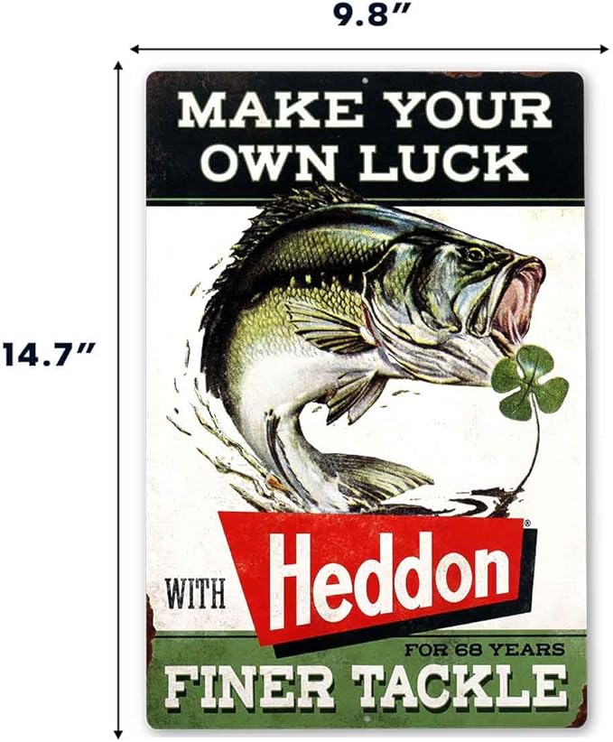 Heddon Lures Make Your Own Luck Metal Sign - Vintage Heddon Wall Decor for Man Cave or Garage