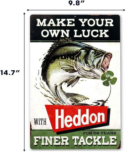 Heddon Lures Make Your Own Luck Metal Sign - Vintage Heddon Wall Decor for Man Cave or Garage