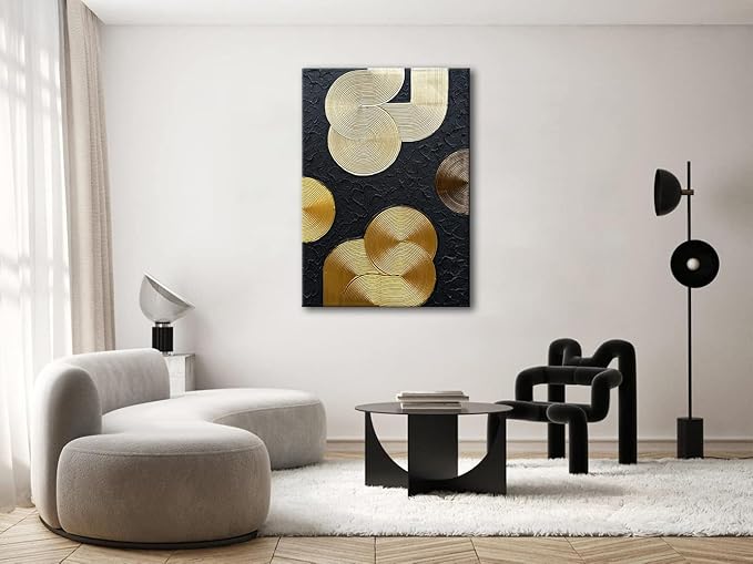 Slyart Black and Gold Texture Wall Art, Handmade 3D Arch Painting, 28"x40" Large Abstract Canvas Wall Art