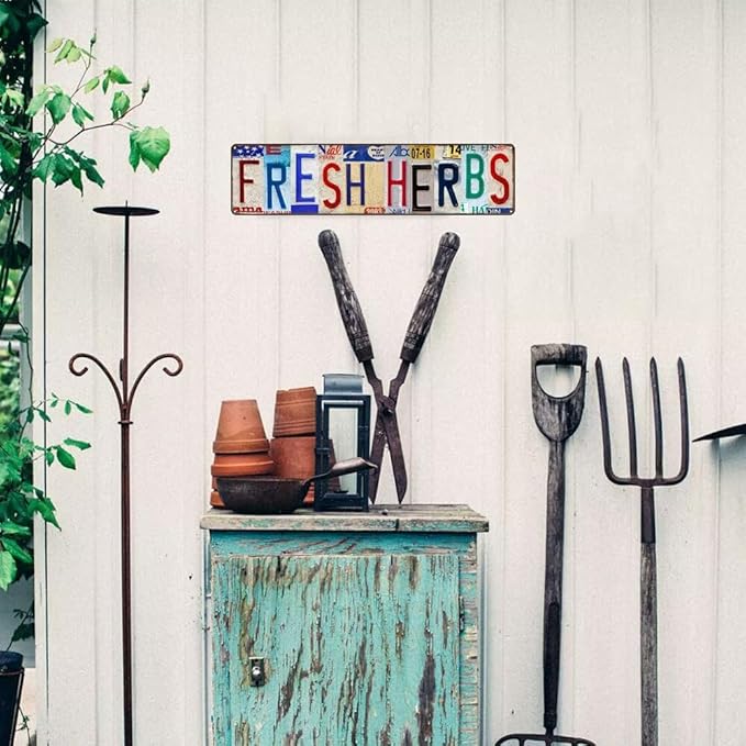 Fresh Herbs Metal Sign Country Farmhouse Home Gardener Tin Sign License Plate Design Street Signs Home Wall Decor 16" x 4"