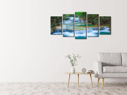 Wieco Art Peaceful Waterfall Canvas Prints Wall Art Green Trees Pictures Paintings for Living Room Bedroom Home Decorations Modern 5 Piece Stretched and Framed Forest Landscape Giclee Artwork