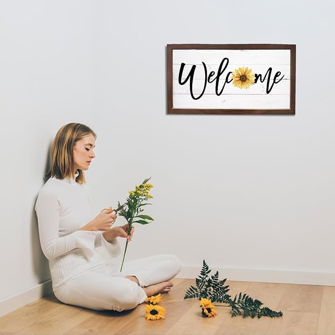 Sunflower Welcome Sign, Welcome Decoration for Front Door, Porch Decor Signs, Rustic Wall Decors, Decorative Wooden Plaques, Housewarming Gift, Wooden Framed Wall Decor 15×7.5×0.3 inches