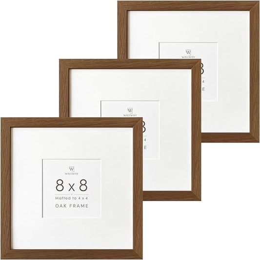 8x8 Picture Frames, Solid Oak Wood 8x8 photo Frame with Mat to 4x4, 8 x 8 Picture Frames for Wall and Tabletop Display, Natural Oak Frame, (Walnut Set of 3)
