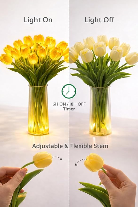 Radiant Romantic Tulip Light with a Vase, 15 PCS Twinkling Tree Tulips Led Night Light that Never Fade, Flower Shaped Ambient Night Lamp for Bedroom Bedside Decor & Gift (Pink(with Vase))
