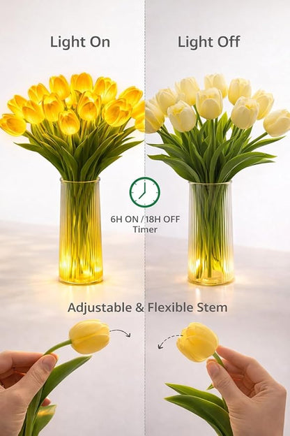 Radiant Romantic Tulip Light with a Vase, 15 PCS Twinkling Tree Tulips Led Night Light that Never Fade, Flower Shaped Ambient Night Lamp for Bedroom Bedside Decor & Gift (Pink(with Vase))