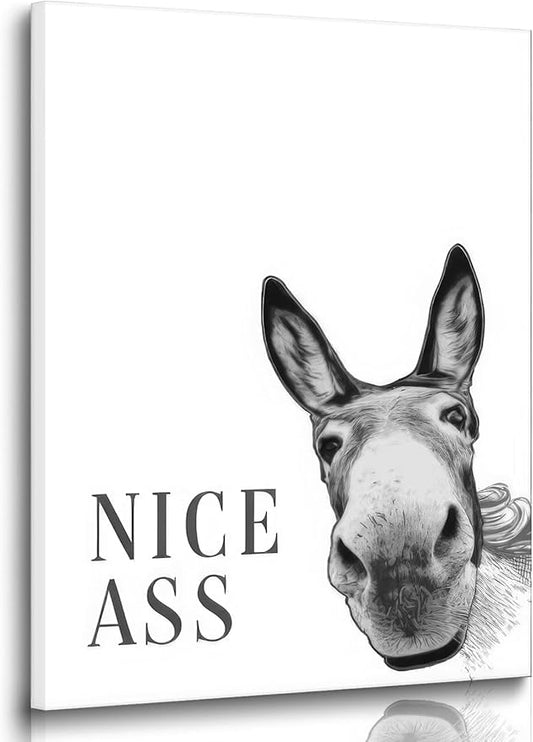 Black And White Donkey Canvas Wall Art, Nice Ass Bathroom Wall Art, Funny Animal Paintings Artwork, Bathroom Black And White Donkey Paintings,Toilet Black & White Wall Decor, Art Prints For Bathroom Toilet 12x16 Inches. Framed