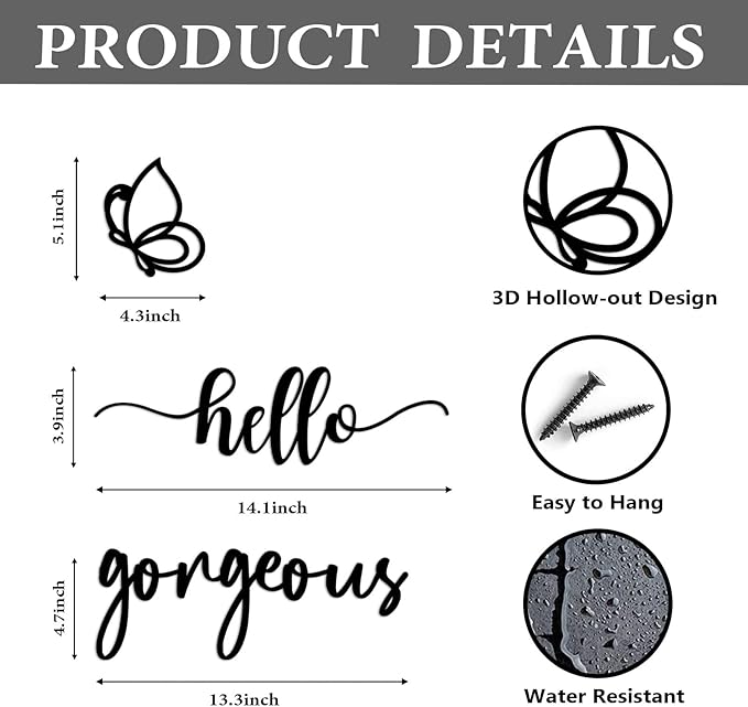 Vineland Hello Gorgeous Metal Wall Art Decor, Black Modern Minimalist Decoration, Hollow-out Decorative Sign for Bedroom Living Room Bathroom Closet Salon