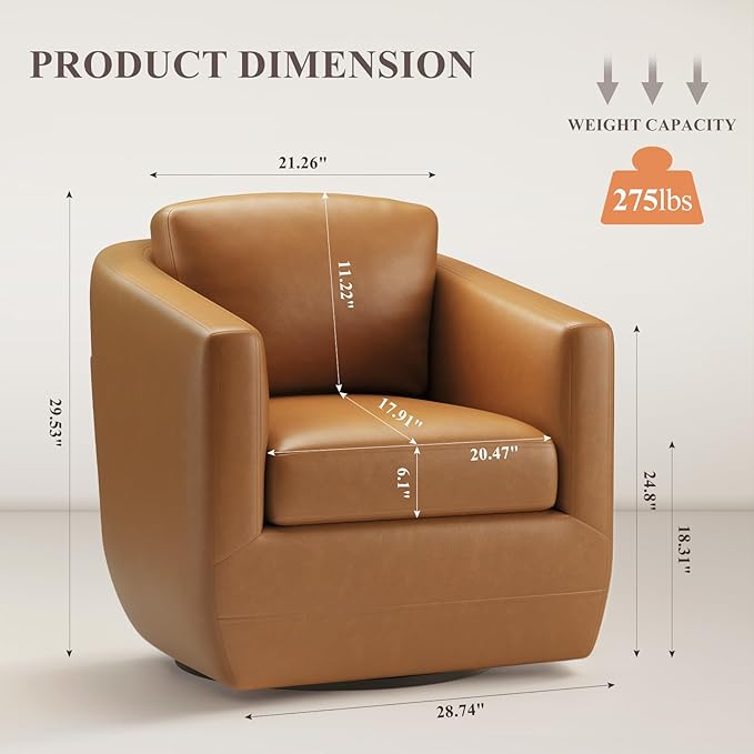 MALOL 360° Swivel Accent Chair- Comfy Living Room Armchair No-Sag Foam & Sturdy Metal Base with Pillow, Fully Assembled Swivel Accent Single Sofa for Bedroom, Office, Brown