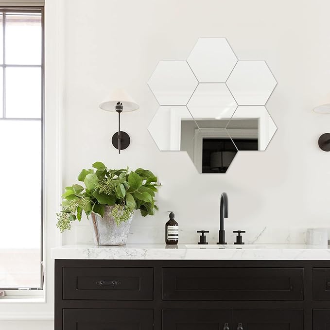 LXCREAT Hexagon Mirror Stickers for Walls 7.8x7.8 Inch 4PCS Peel and Stick Self Adhesive Acrylic Mirrors Tiles 2mm Thick Stick on Wall Mirrors Bathroom Gym Home Decorative