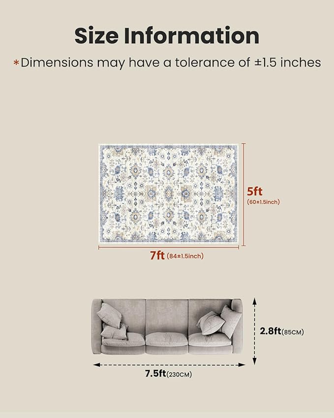 AMADA HOMEFURNISHING 5x7 Area Rugs, Washable Living Room Rug Low-Profile with Non-Slip Backing & Durable Edge Binding, Vintage 5x7 Rugs for Living Room, Bedroom, Dining Room