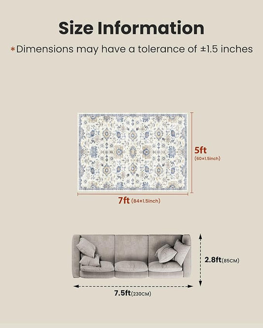 AMADA HOMEFURNISHING 5x7 Area Rugs, Washable Living Room Rug Low-Profile with Non-Slip Backing & Durable Edge Binding, Vintage 5x7 Rugs for Living Room, Bedroom, Dining Room