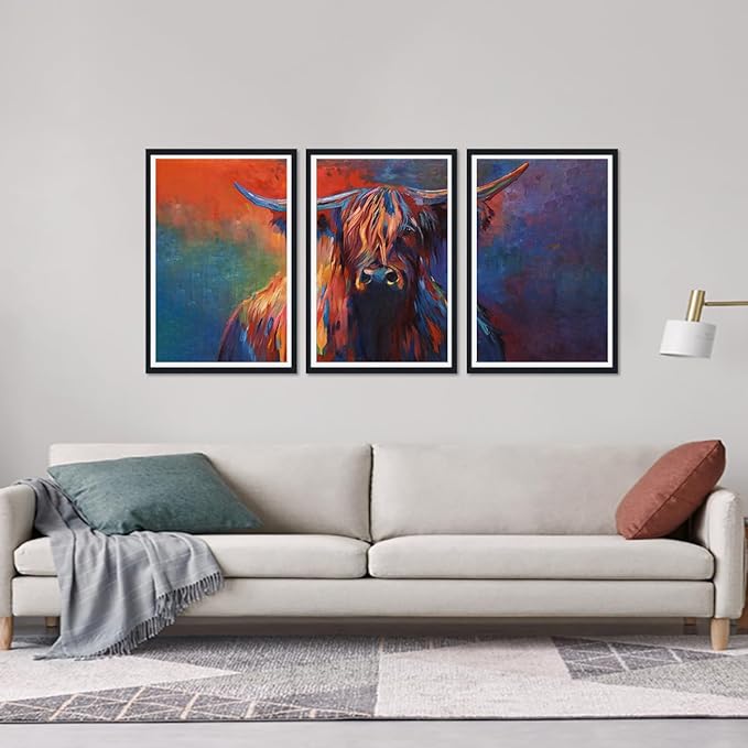 Abstract Highland Cow Framed Canvas Wall Art Colorful Cow Portrait Picture Wall Decor for Farmhouse Animals Print Artwork for Country House Office Nursery Decoration Easy to Hand 16x24inchx3pcs