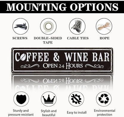 Coffee and Wine Bar Decor, Coffee & Wine Bar Open 24 Hours Sign, Retro Metal Tin Sign, Rustic Farmhouse Wall Decoration, Vintage Home Decor for Kitchen, Coffees Station Decors, 15.8x4 Inches