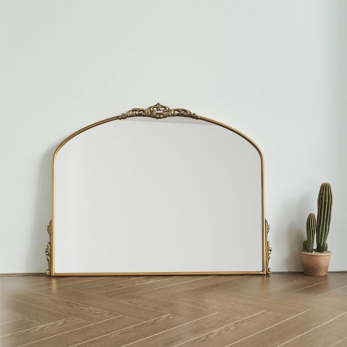Vintage Gold Wall Mirror - 40x30 Inch, Baroque Arched Design, Ornate Crown Metal Frame, Distressed Gold Finish, Large Antique Decorative Mirror for Fireplace Mantle, Living Room, Bathroom, Entryway