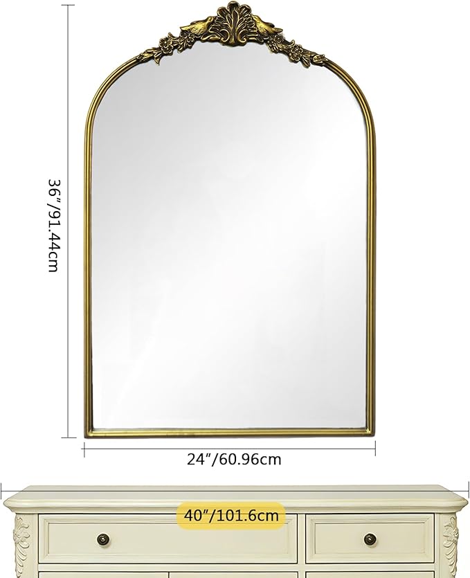 Antique Baroque Vintage Vanity Mirror 36x24Inch, Gold with Ornate Antique Frame, Arched Vintage Wall Mirror for Living Room, Fireplace, Entryway