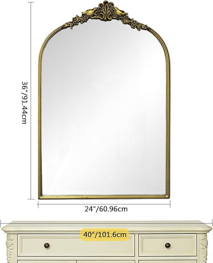Antique Baroque Vintage Vanity Mirror 36x24Inch, Gold with Ornate Antique Frame, Arched Vintage Wall Mirror for Living Room, Fireplace, Entryway