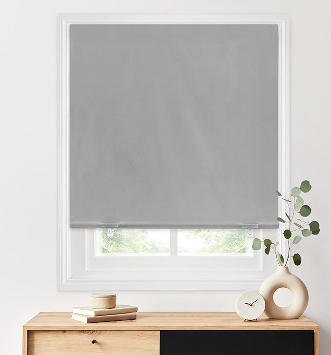 LazBlinds 100% Blackout Roller Shades, No Tools No Drill Cordless Blinds for Windows, Thermal Insulated UV Protection Privacy Window Shades for Bedroom (48''W x 72''H, Grey)