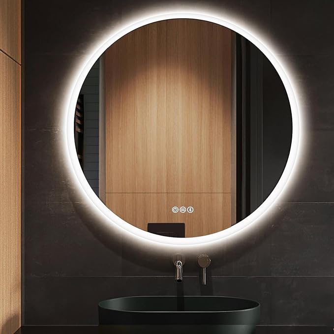 S·BAGNO 28’’ Round Led Bathroom Mirror with Lights, Backlit and Front Lighted, Anti-Fog Wall-Mounted Vanity Mirror 3000K/4000K/6500K, Dimmable Inside Bluetooth Speaker Smart Mirror