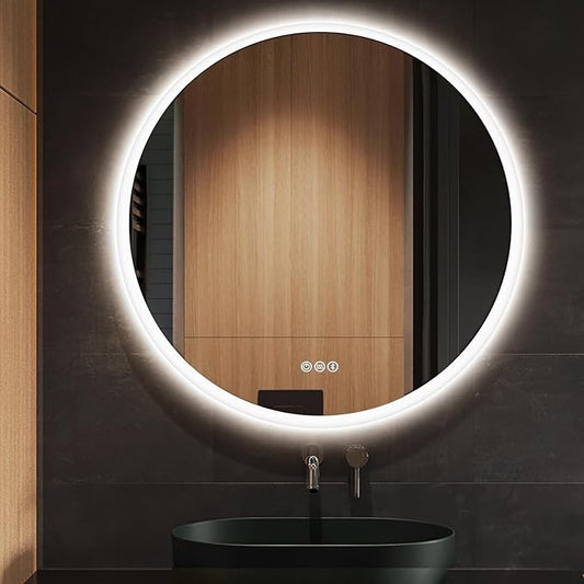 S·BAGNO 28’’ Round Led Bathroom Mirror with Lights, Backlit and Front Lighted, Anti-Fog Wall-Mounted Vanity Mirror 3000K/4000K/6500K, Dimmable Inside Bluetooth Speaker Smart Mirror