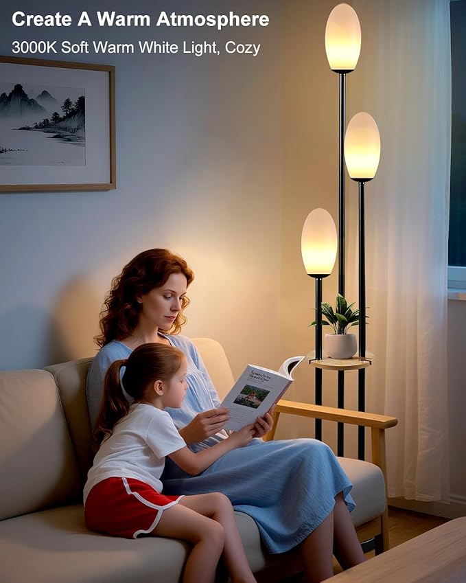 Black Dimmable Floor Lamp with Table, Unique Tall Standing Lamps with 3000K G9 Bulbs for Reading, Mid Century Modern Floor Lamp with 5Lbs Heavy Base for Living Room Bedroom Office