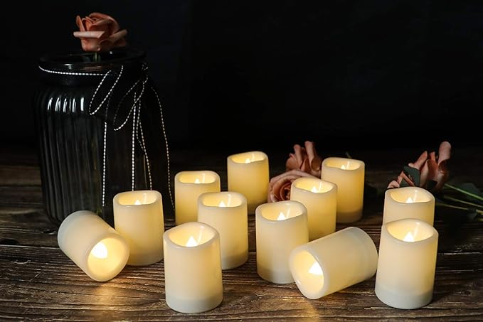 Outdoor Waterproof Flameless Votive Candles with Timer, Battery Operated LED Tealight Flickering Candles Warm Light Set of 12 Wedding Party Decor Plastic Candle(1.5 x 2 Inches)
