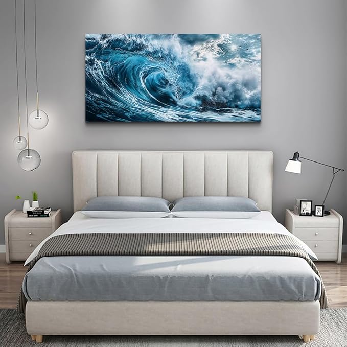 ERQINHUA Large Canvas Wall Art For Living Room Wall Decor For Bedroom Ocean Inspiration Wall Pictures Office Decorations Blue Wave Wall Paintings Modern Home Wall Decor Art Ready To Hang 24"X48"