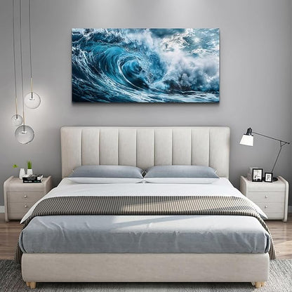ERQINHUA Large Canvas Wall Art For Living Room Wall Decor For Bedroom Ocean Inspiration Wall Pictures Office Decorations Blue Wave Wall Paintings Modern Home Wall Decor Art Ready To Hang 24"X48"