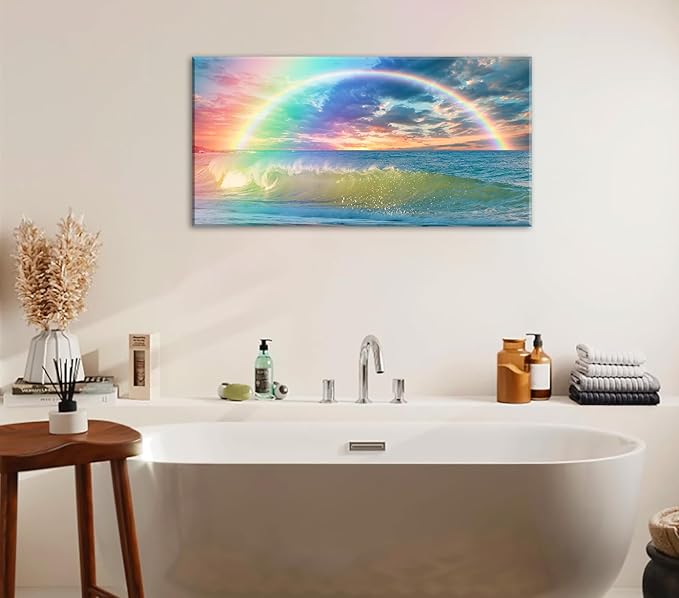DJSYLIFE Rainbow Wall Decor - Ocean Canvas Wall Art Modren for Girls Room Seascape View Wave Painting Artwork Home Living Room Bedroom Bathroom Decorations Framed Ready to Hang 20" x 40"