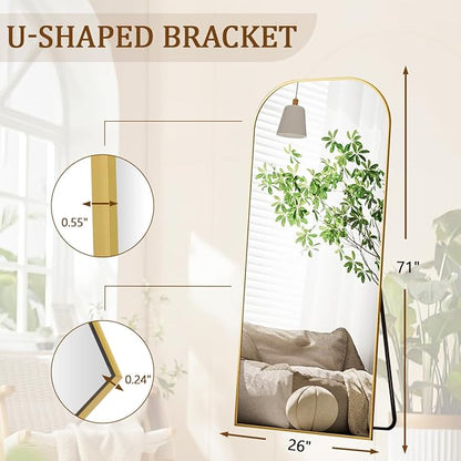 Koonmi Full Length Mirror, 71"x26" Mirror Full Length with Stand, Gold Domed Top Square-Edged Floor Mirror with Aluminum Alloy Frame for Bedroom Living Room
