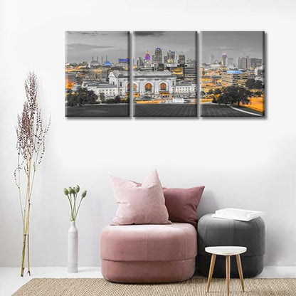 3 Pieces Kansas City Missouri Skyline Wall Decor for Living Room American Cityscape Artwork Wall Decor for Bedroom Giclee Wooden Framed Gallery-Wrapped Ready to Hang (36" Wx16 H)