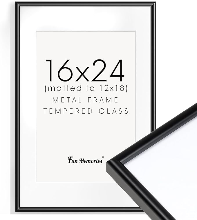 Fun Memories 16x24 Picture Frame Black, Aluminum Poster Frame 16 x 24 for Wall, 16x24 Frame with Mat for 12x18, Modern Metal Frames 16 by 24 with Tempered Real Glass, 16 x 24 Art Frames